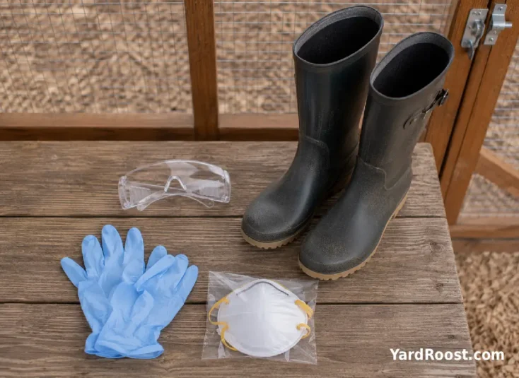 Gloves, eye protection, boots, and a respirator are arranged outside a chicken run.