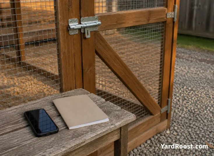 A phone and flock record notebook sit outside a closed chicken-coop gate.