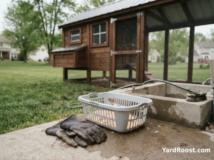 Work gloves and a laundry basket sit outside near a backyard chicken coop after a parasite check.