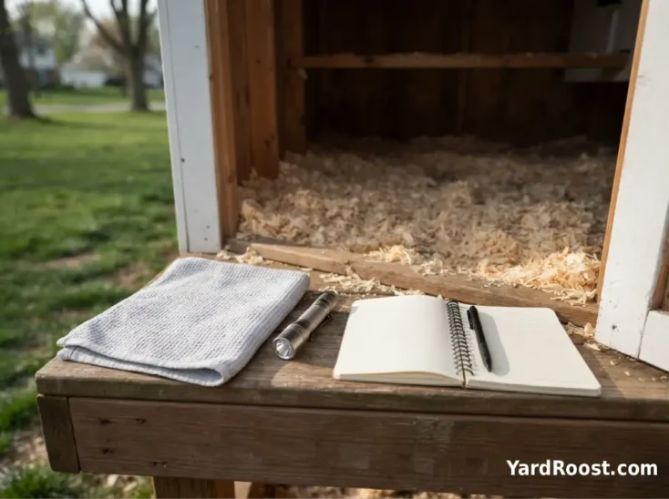 A towel, flashlight, and notebook are ready beside a coop door for checking chickens for lice.