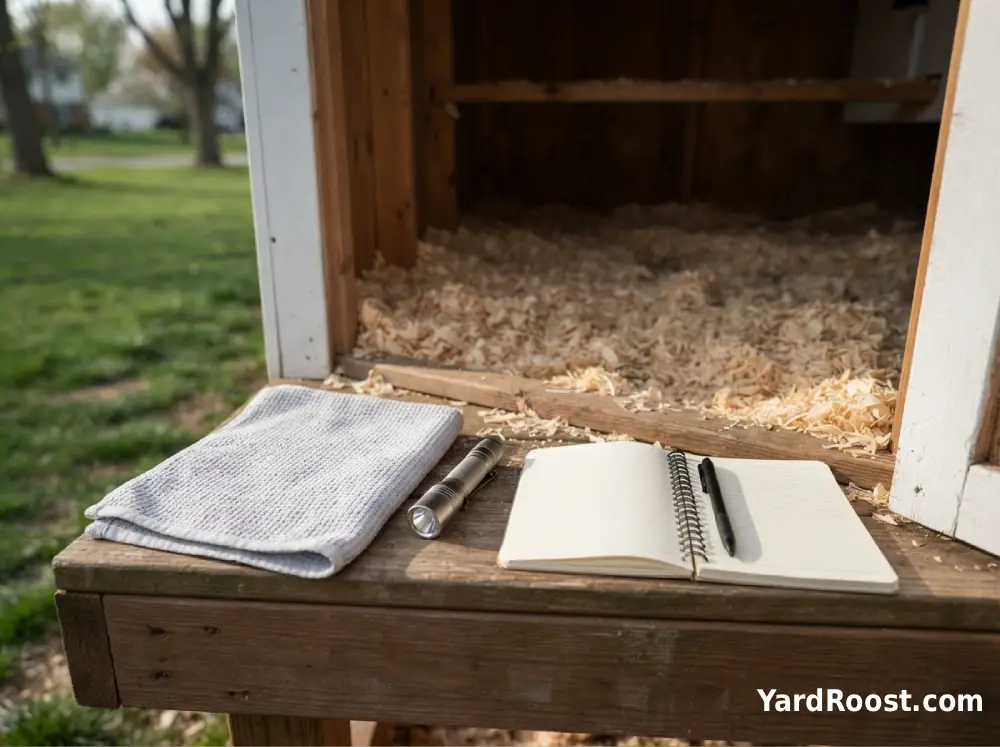A towel, flashlight, and notebook are ready beside a coop door for checking chickens for lice.
