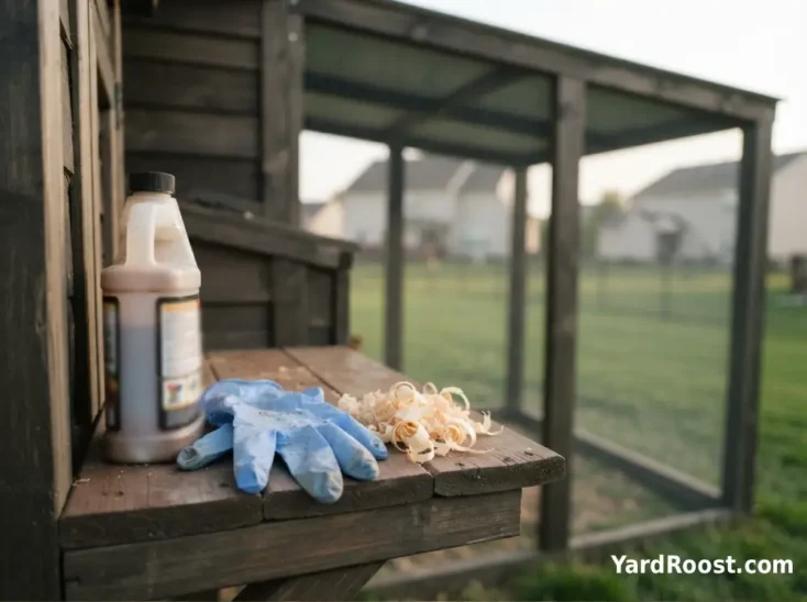 Gloves, clean bedding, and a poultry pest control bottle sit outside a backyard chicken coop.