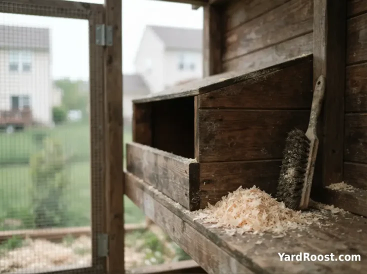 Clean pine shavings and a scrub brush sit beside an empty wooden nest box during coop cleaning.