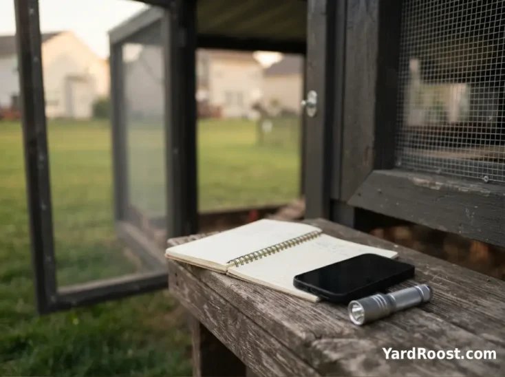 A phone, notebook, and flashlight sit beside a coop door for tracking chicken health concerns.
