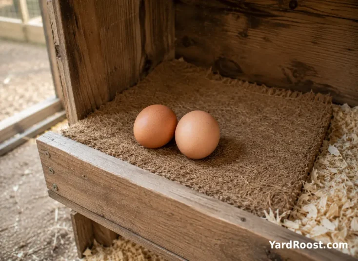 Brown eggs resting on a fitted fiber nesting pad inside a wooden chicken nest box.
