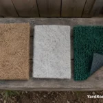 Three chicken nesting pad materials arranged on a wooden coop bench for comparison.