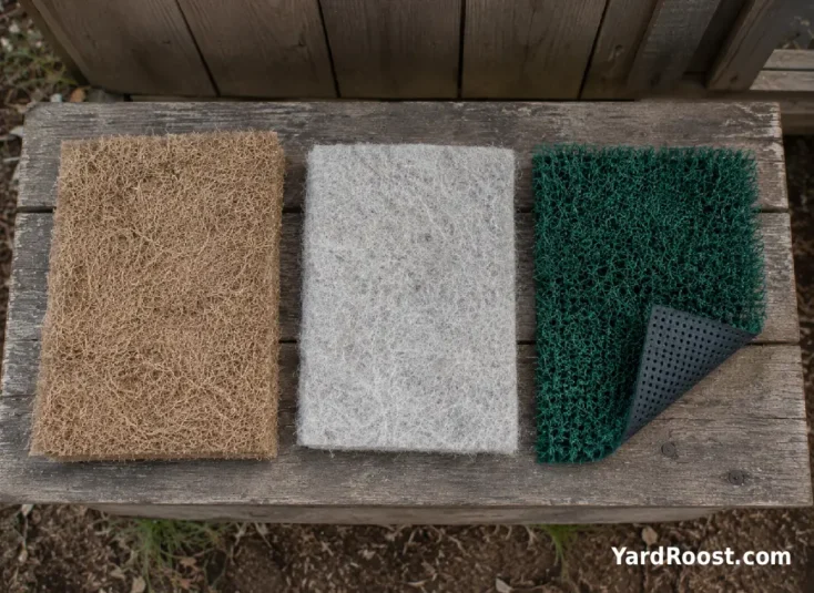 Three chicken nesting pad materials arranged on a wooden coop bench for comparison.