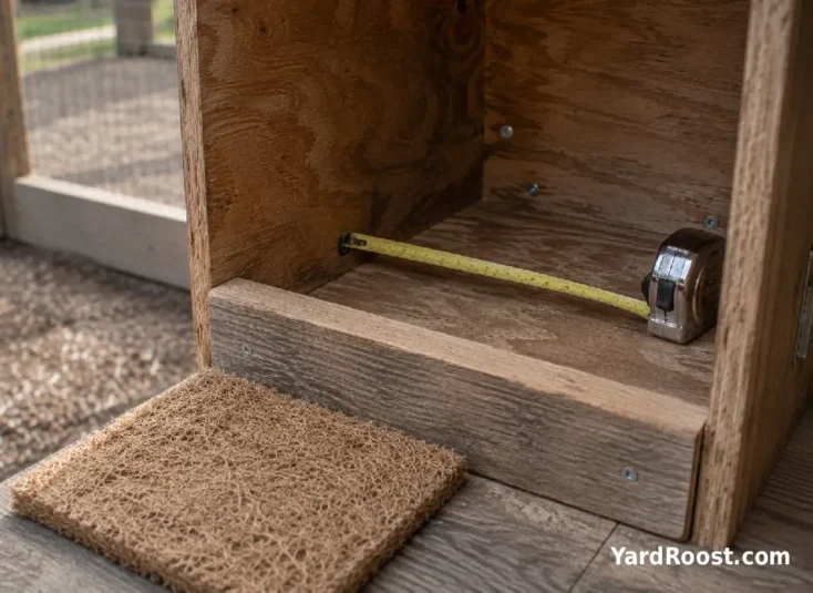 Tape measure stretched across a wooden chicken nest box before fitting a nesting pad.
