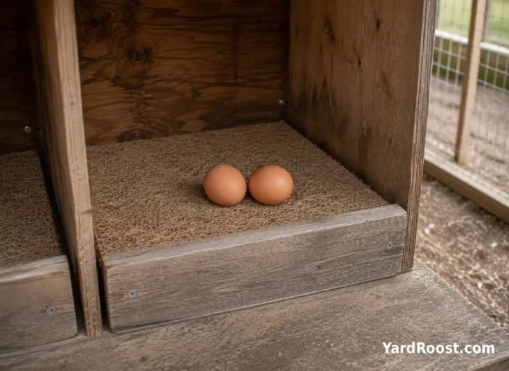 A fitted nesting pad secured beneath the front lip of a clean wooden nest box.