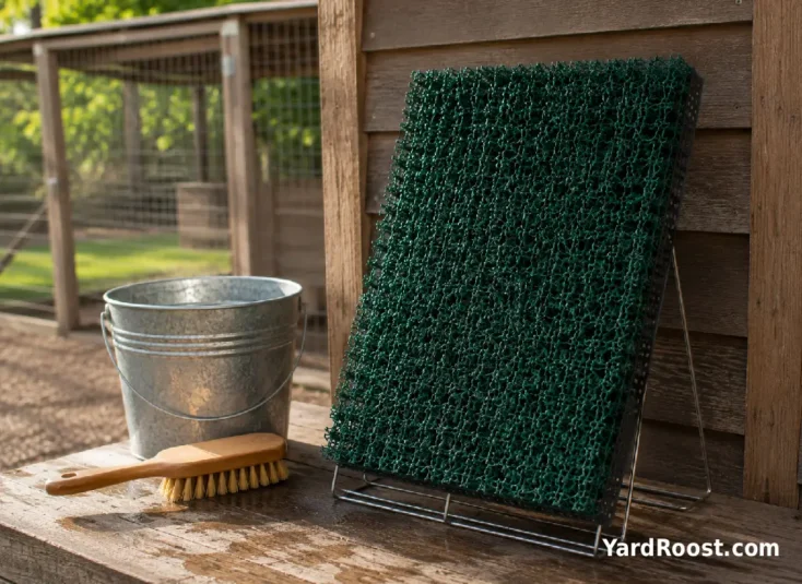A reusable chicken nesting pad drying beside a clean scrub brush outside the coop.