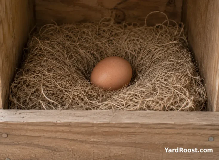A brown egg resting in the center of a dense hemp-fiber nesting pad.