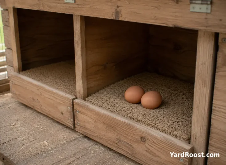 Two clean eggs in a quiet wooden nest box with a fitted pad and shaded opening.