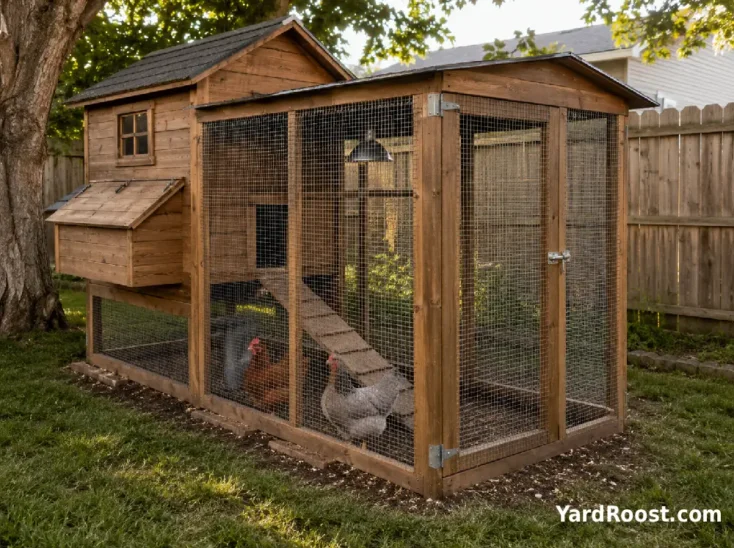 A secure backyard chicken run attached to a small wooden coop.