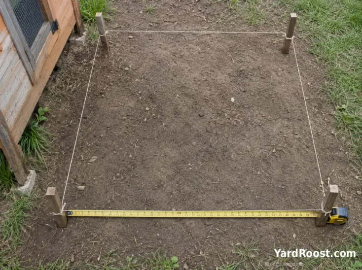 Measuring tape and stakes mark a future chicken run footprint beside a coop.