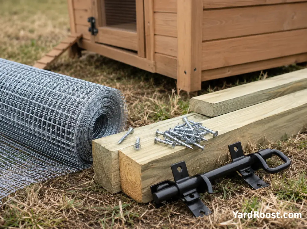 Hardware cloth, lumber, screws, and a latch are ready for a DIY chicken run build.
