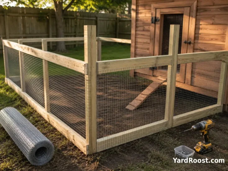 A partially built chicken run frame shows posts, rails, and hardware cloth.