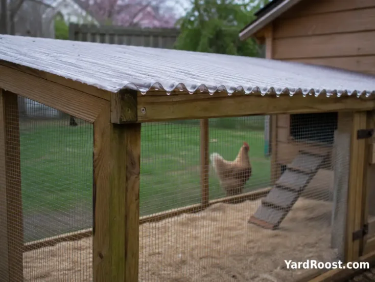 A covered chicken run has corrugated roof panels and dry bedding underneath.