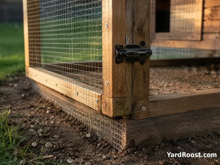 Buried hardware cloth and a secure latch protect a chicken run corner.