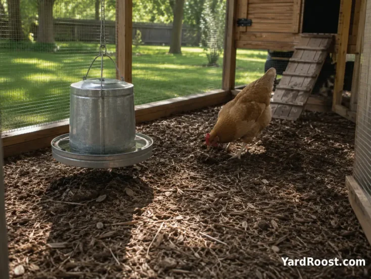 A dry chicken run floor has wood chips, shade, and a hanging waterer.