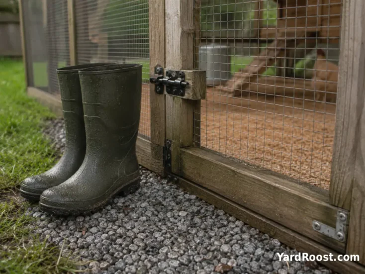 Dedicated rubber coop boots sit beside a covered chicken run gate.
