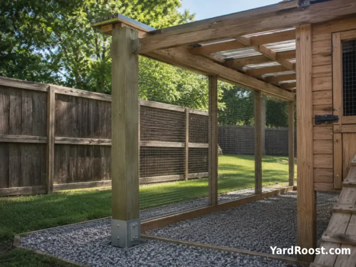 A sturdy chicken run post supports roof framing near a backyard fence line.
