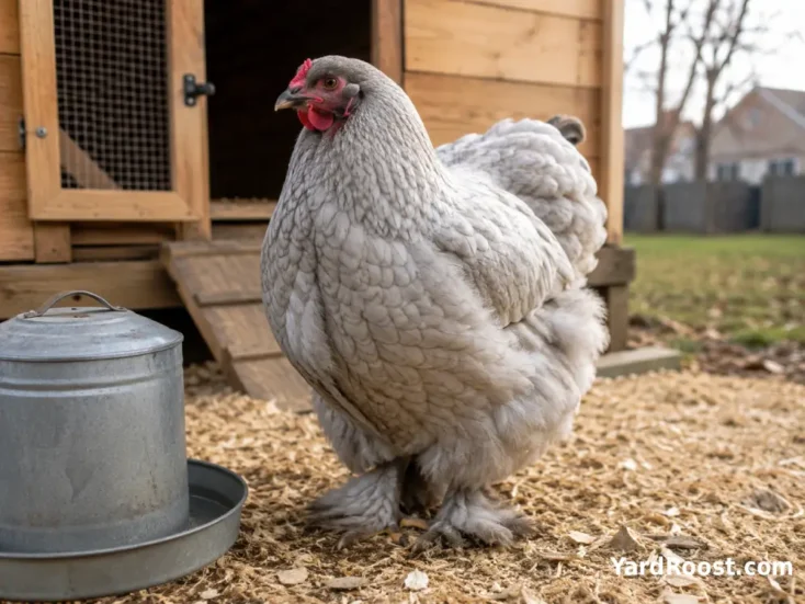 A large buff Cochin hen standing beside a small wooden backyard coop.