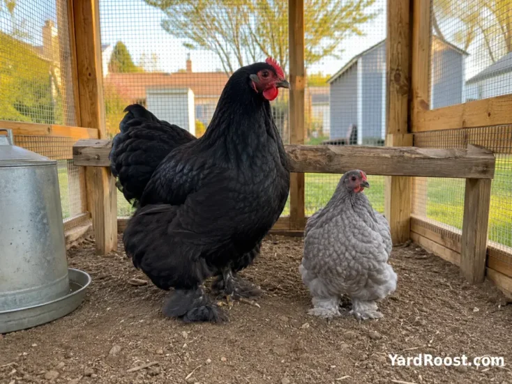 A standard black Cochin hen standing beside a much smaller blue Cochin bantam.