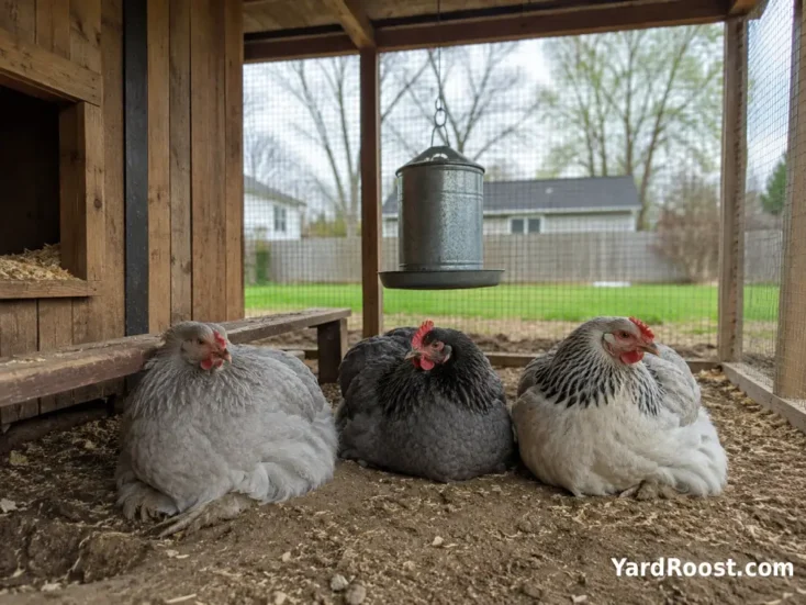Three calm Cochin hens resting together in a shaded backyard run.