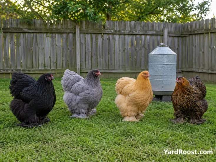 Black, blue, buff, and partridge Cochin hens standing together in a backyard run.