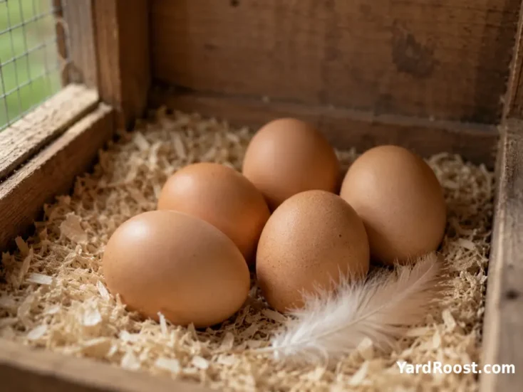 Brown Cochin eggs resting in a clean pine-shaving nest box.