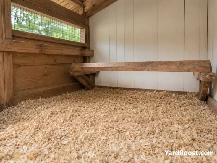 Dry pine bedding and a low wooden roost inside a Cochin chicken coop.