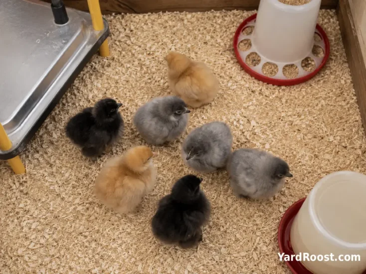 Buff, black, and blue Cochin chicks resting in a clean brooder.