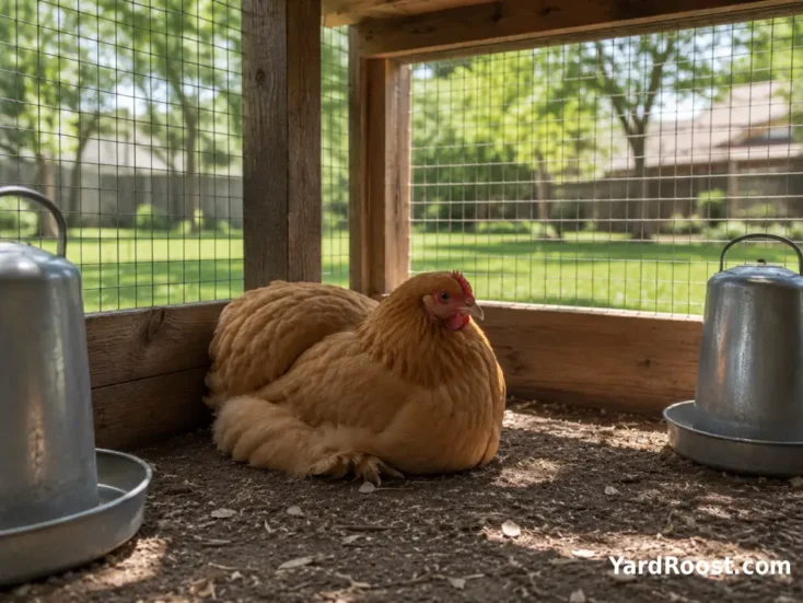 A buff Cochin hen resting in shade beside two clean waterers.