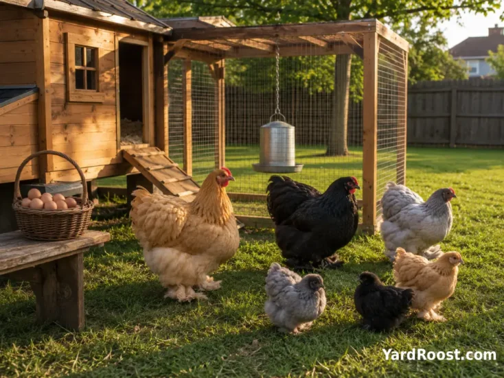 Standard and bantam Cochins gathered near a tidy backyard coop.