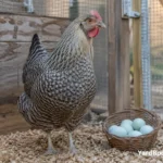 Cream Legbar hen standing beside a basket of pale blue eggs in a secure backyard run.