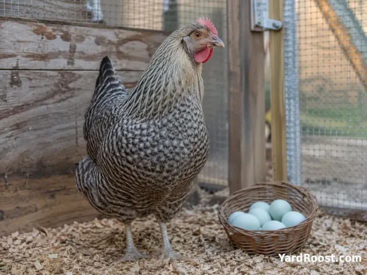 Cream Legbar hen standing beside a basket of pale blue eggs in a secure backyard run.