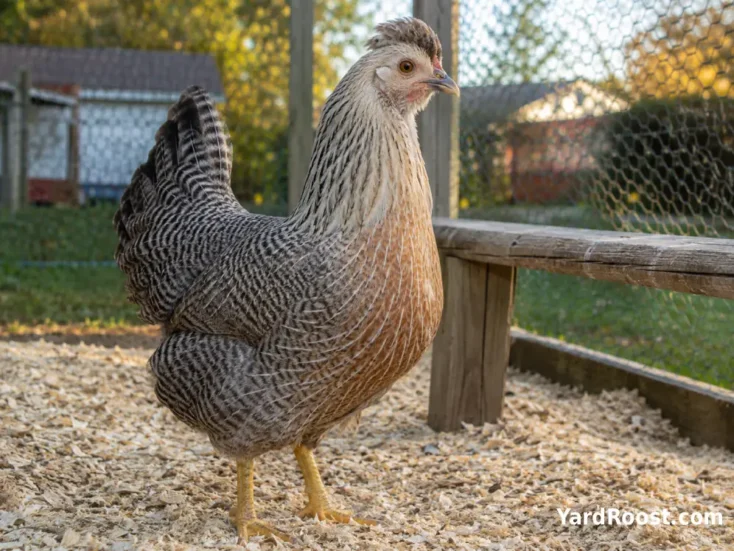 Crested Cream Legbar hen showing gray barring, cream neck feathers, and yellow legs.