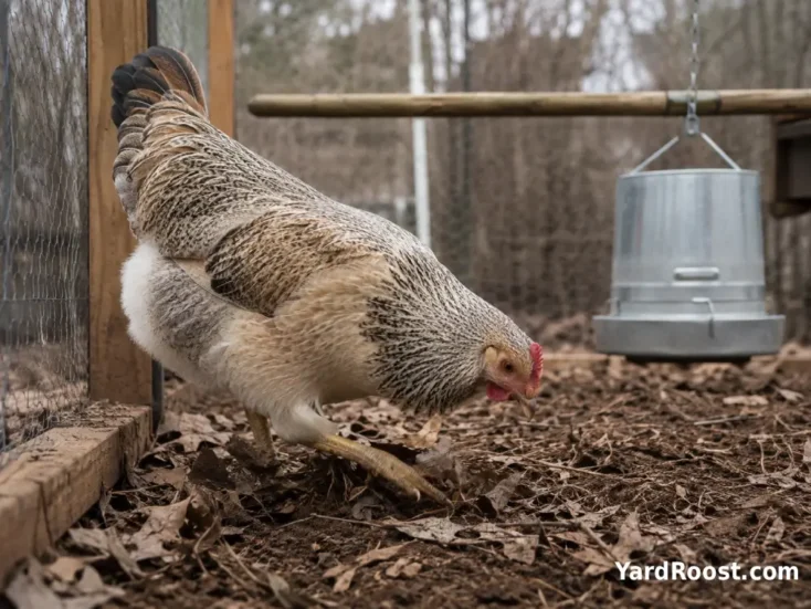 Alert Cream Legbar hen foraging near a wooden perch inside a covered chicken run.