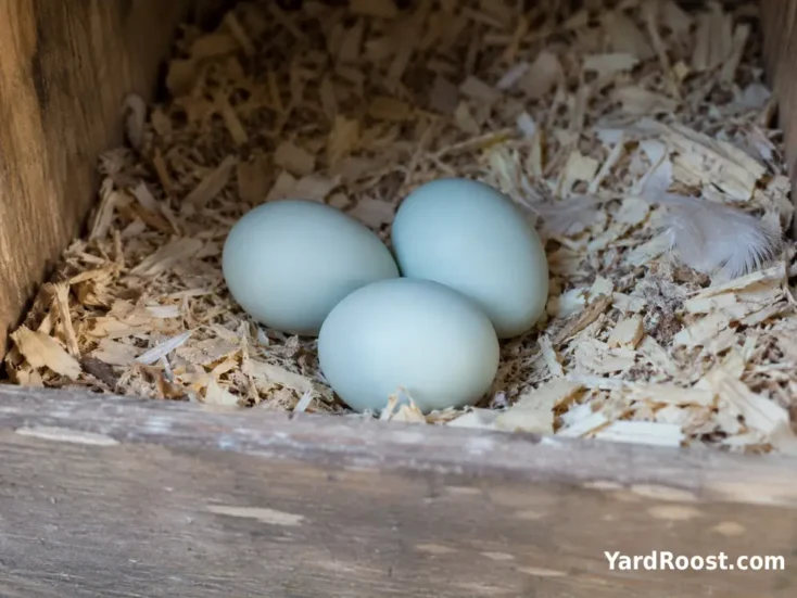 Three blue Cream Legbar eggs resting in clean shavings inside a wooden nest box.