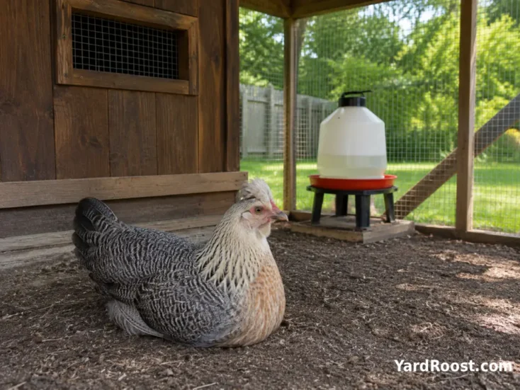 Cream Legbar hen using a shaded, well-ventilated backyard run with clean water nearby.