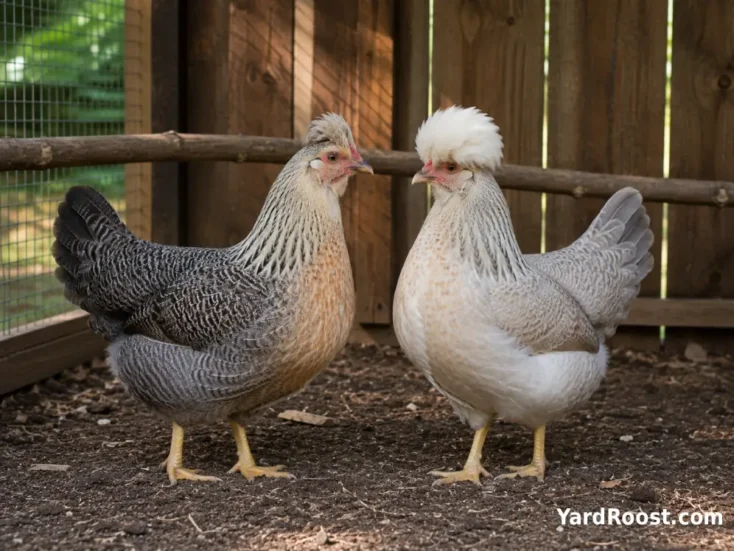 Cream-colored and white crested Legbar hens standing together in a clean backyard run.