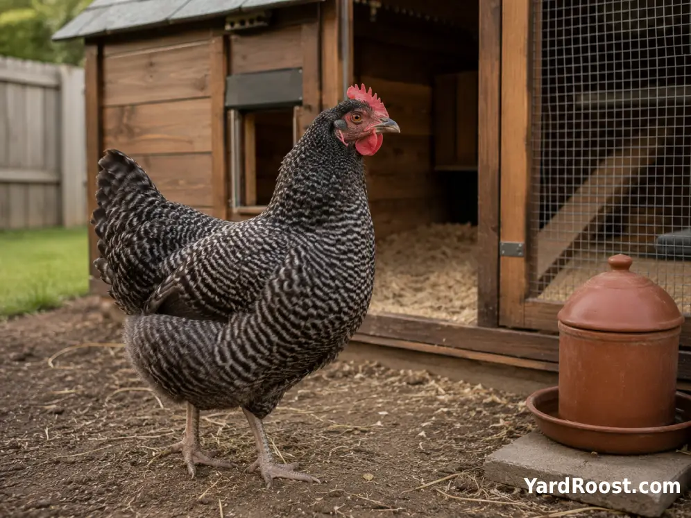 Silver Cuckoo Marans hen standing beside a wooden backyard coop.