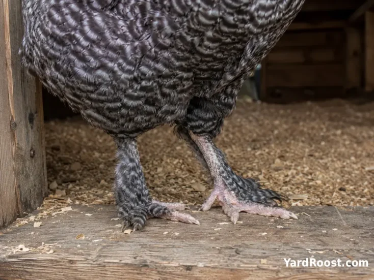 Light feathering on the shanks and outer toes of a French Cuckoo Marans hen.