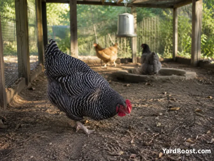 Calm Cuckoo Marans hen foraging in a covered mixed-flock run.