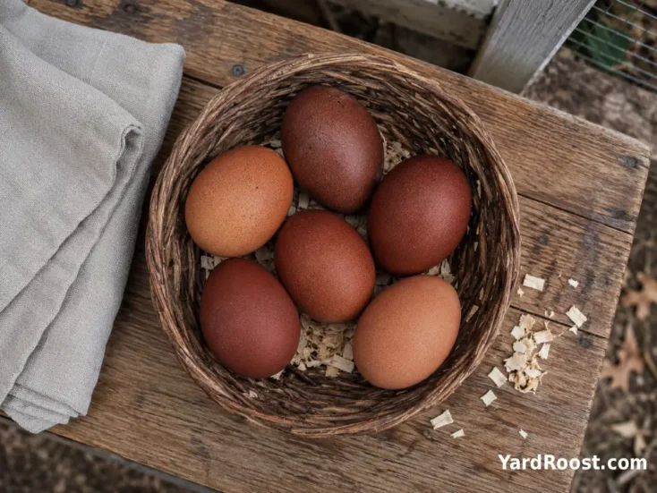 Basket of Cuckoo Marans eggs ranging from russet brown to dark chocolate brown.