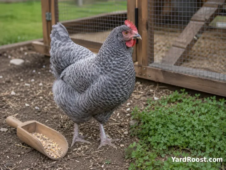 Blue Cuckoo Marans hen showing soft blue-gray barred feathers.