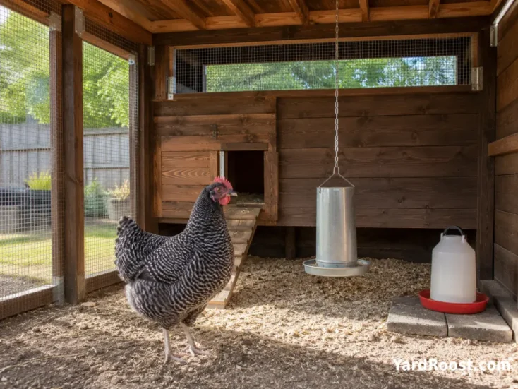 Cuckoo Marans hen in a dry run with a feeder, waterer, and high coop ventilation.