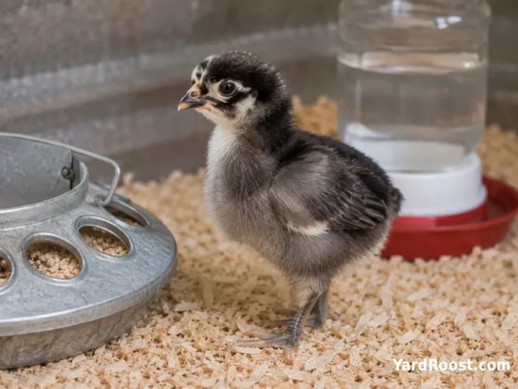 Healthy Cuckoo Marans chick standing beside a clean brooder feeder.