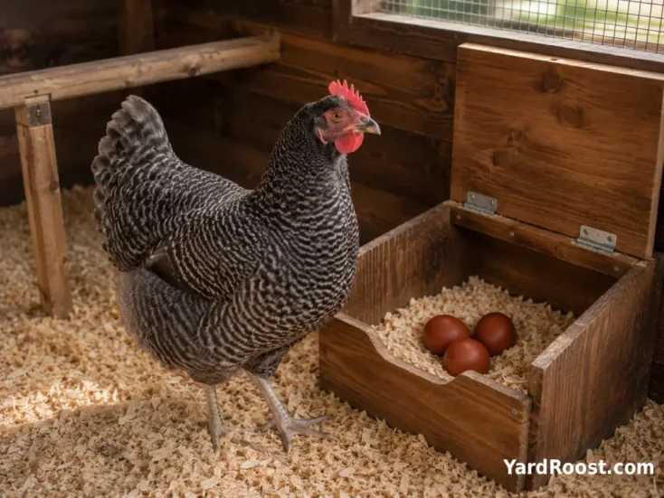Cuckoo Marans hen standing beside a nest box with dark russet-brown eggs.