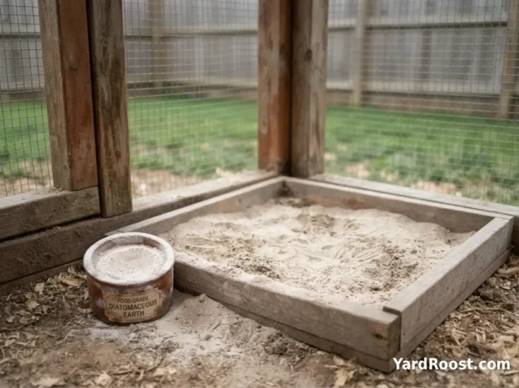 A small container of food-grade diatomaceous earth sits beside a dry chicken dust bath in a backyard run.